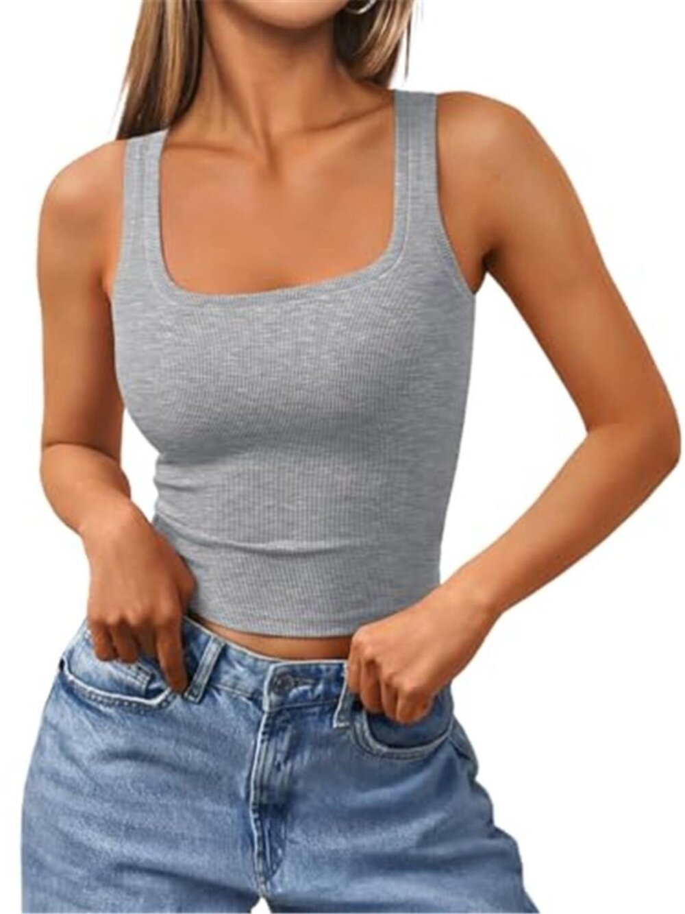 Womens Square Neck Ribbed Crop Tank Top Sleeveless Fitted Stretch Light Gray